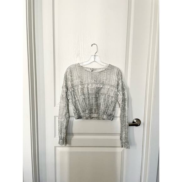 Zara Printed Lace Top with Frills Silver Gray White Small New - Picture 4 of 11
